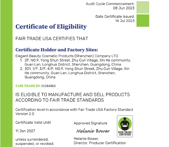 雅香麗化妝用品（深圳）有限公司 喜獲美國公平貿易認證?。。? width=